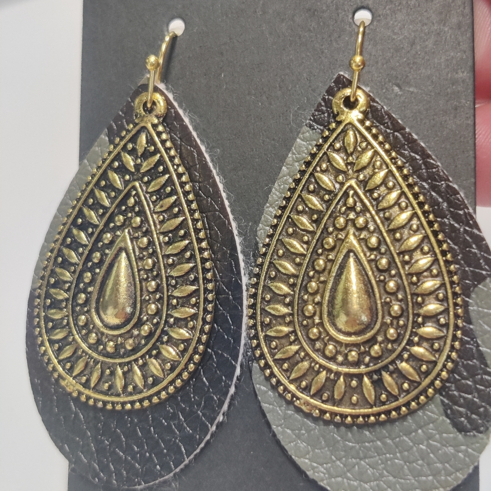 Goldtone camo faux leather earrings